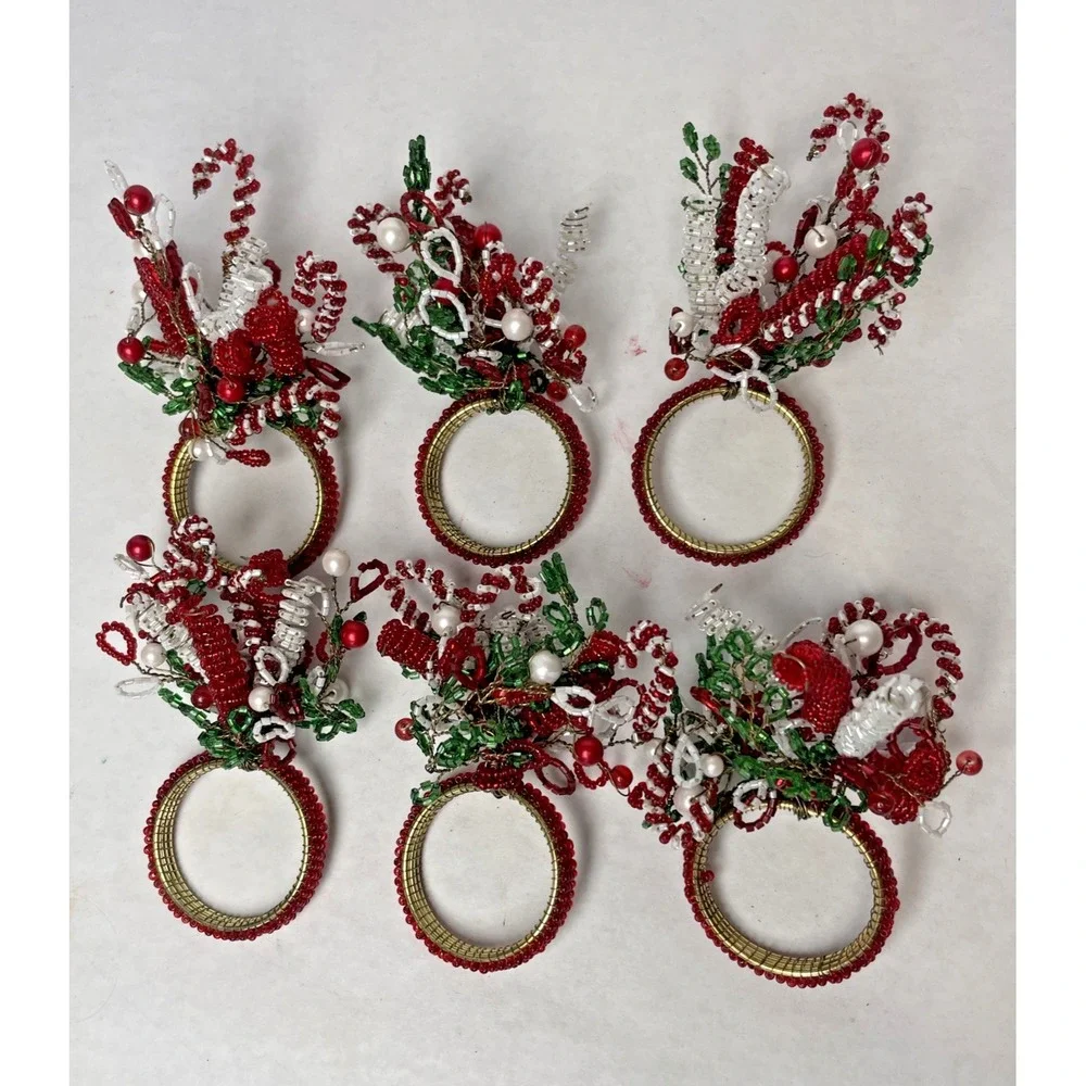 Beaded Holiday Christmas Napkin Ring Holders Set Of 6